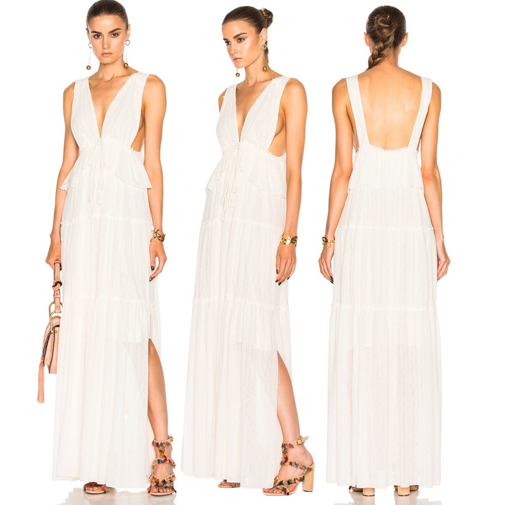 See By Chloe White Tiered‎ Maxi Dress Deep V, SMALL | Beach Boho Wedding Bridal